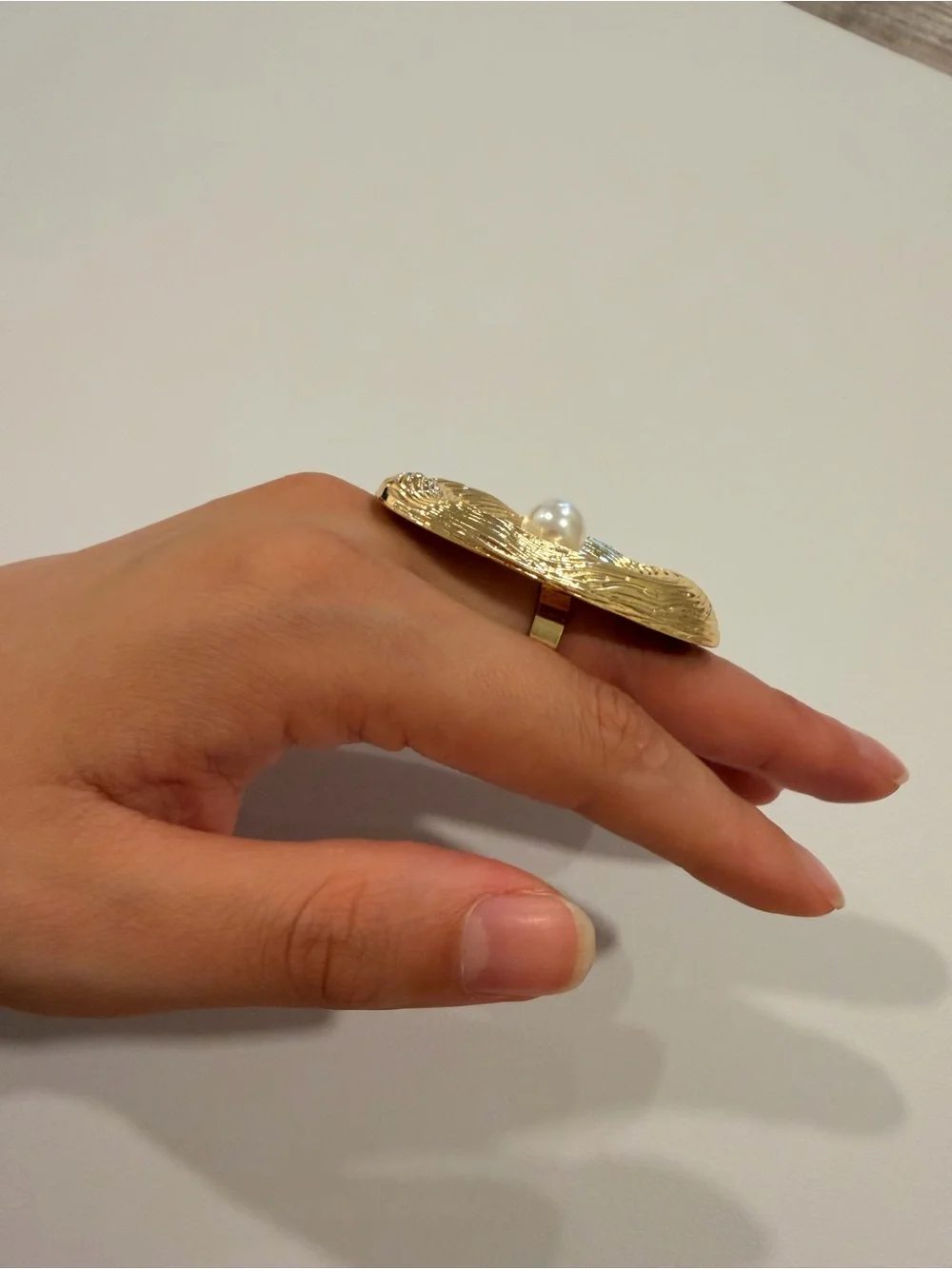 Gold Oval Textured Ring with Pearl Accent